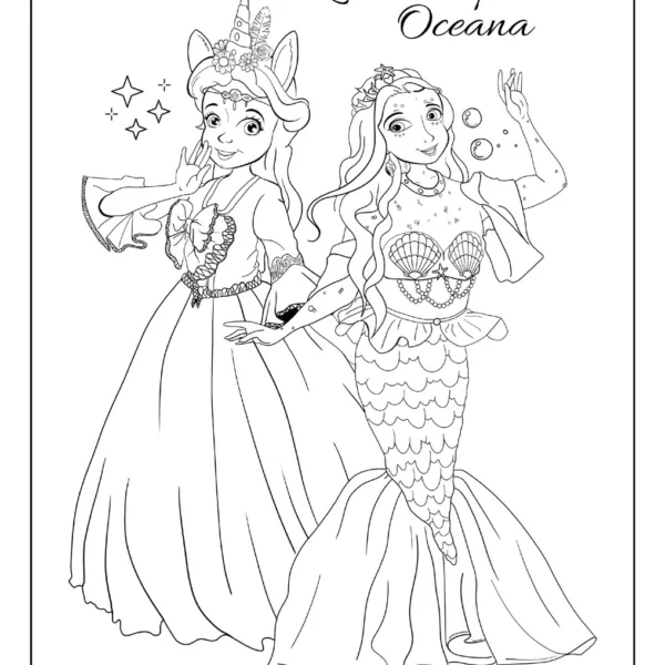 Kleurplaat Eenhoornprinses Stella & Zeemeerminprinses Oceana